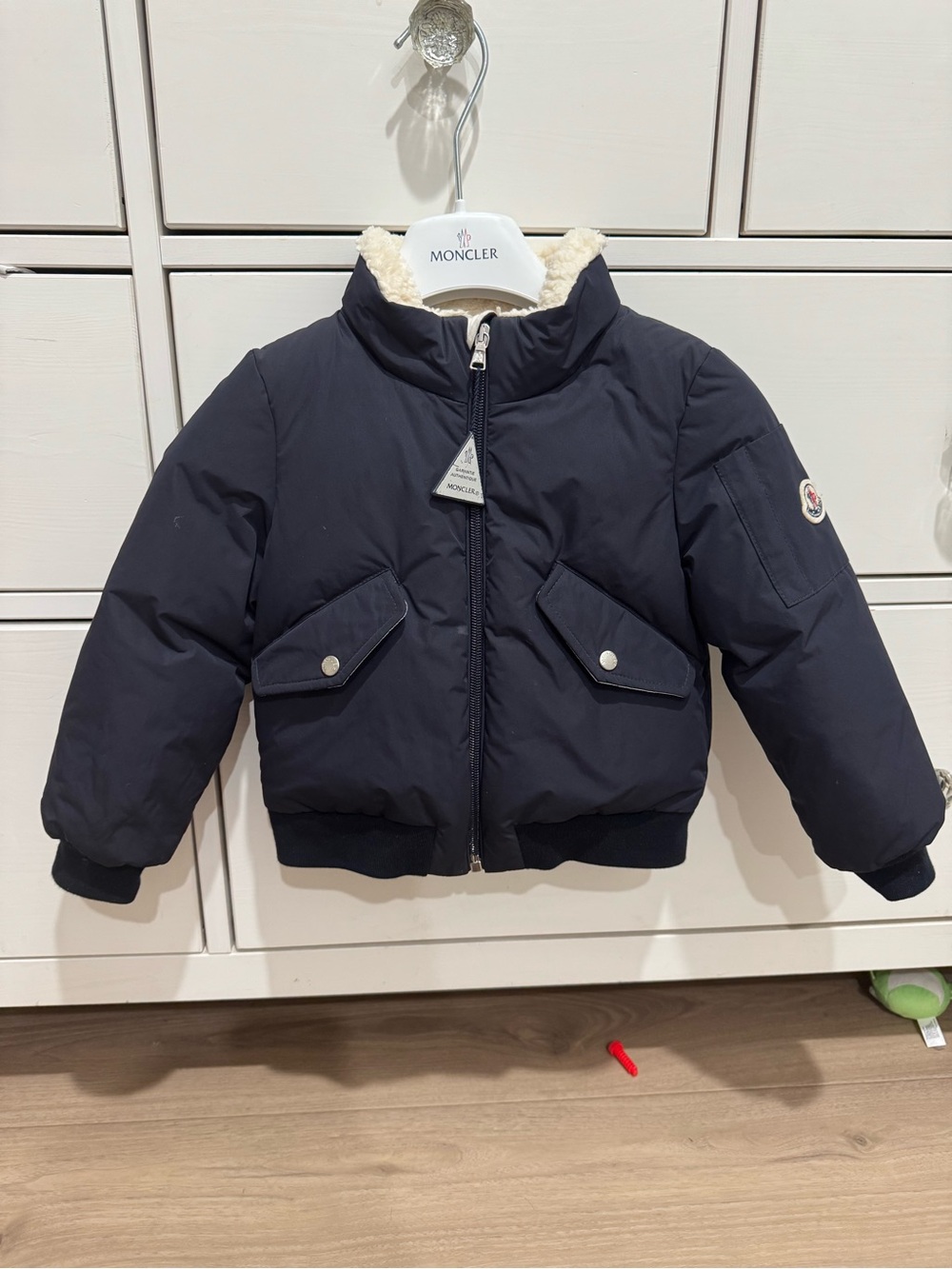 Moncler Kids Navy Blue Puffer Jacket with Sherpa Trim